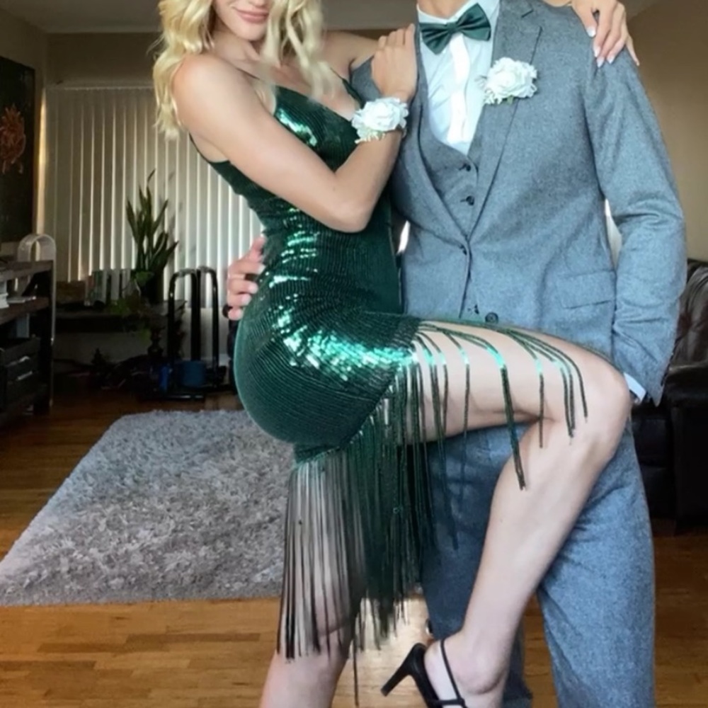 Emerald green sequin dress with tassels